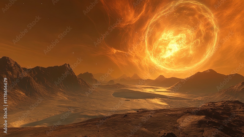 Fototapeta premium A distant planet with swirling clouds and a vibrant nebula dominating the sky