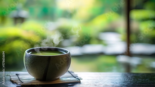 Steaming cup of green tea on wooden table with blurred garden background.