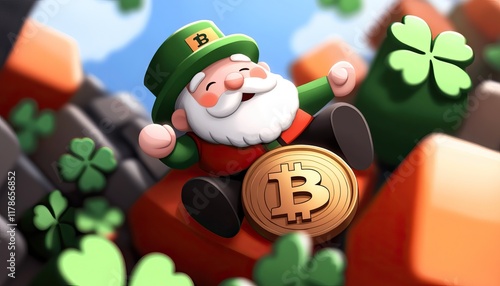 A cheerful leprechaun holds a Bitcoin coin, surrounded by clovers, blending cryptocurrency with a whimsical, festive theme. photo