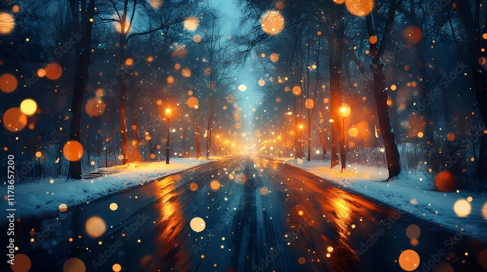 Fototapeta premium Dreamy blurred bokeh lights glowing gently on a snowy forest path creating an enchanting and tranquil winter landscape visual