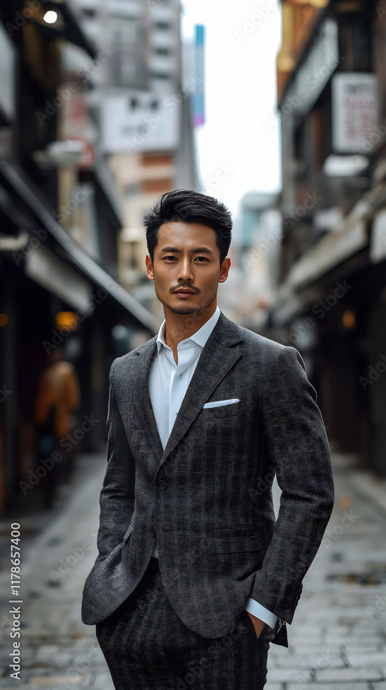 an Asian male model in a tailored business suit standing confidently an Asian male model in a tailored business suit standing confidently