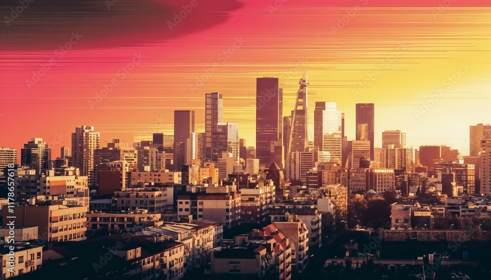 Obraz premium Cinematic cityscape at dusk with a warm gradient sky from deep crimson to bright amber