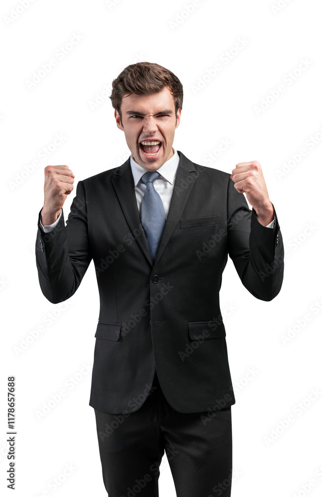Man in formal suit celebrating with clenched fists, isolated on white background. Concept of achievement, business success, and happiness Man in formal suit celebrating with clenched fists, isolated on white background. Concept of achievement, business success, and happiness