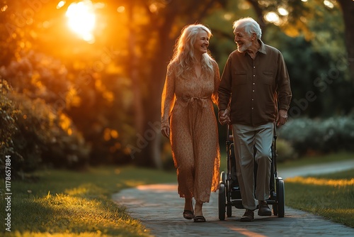 Elderly Couple Walking Hand In Hand At Sunset photo