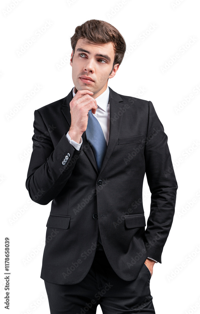 Businessman wearing formal suit with blue tie, posing thoughtfully with hand on chin, isolated on white background. Concept of professionalism Businessman wearing formal suit with blue tie, posing thoughtfully with hand on chin, isolated on white background. Concept of professionalism