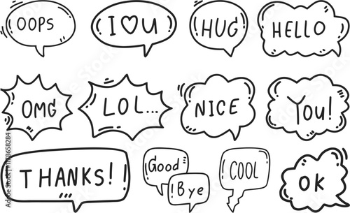 Speech bubble vector set with text phrases like oops, hello, hug, omg, and more, doodle-style design elements for creative projects