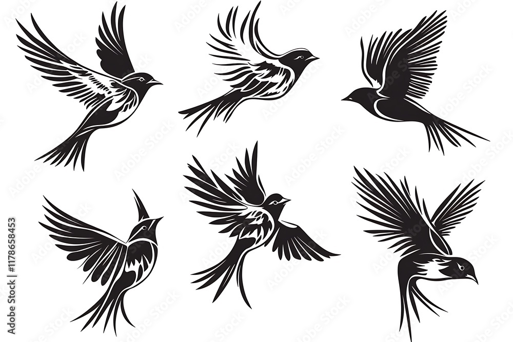 Obraz premium Flying birds silhouettes on white background.