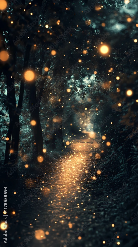 Naklejka premium Dreamy blurred bokeh lights glowing gently on a snowy forest path creating an enchanting and tranquil winter landscape visual