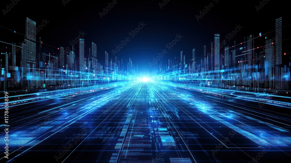 Futuristic digital city highway with glowing lines and data streams. Futuristic digital city highway with glowing lines and data streams.