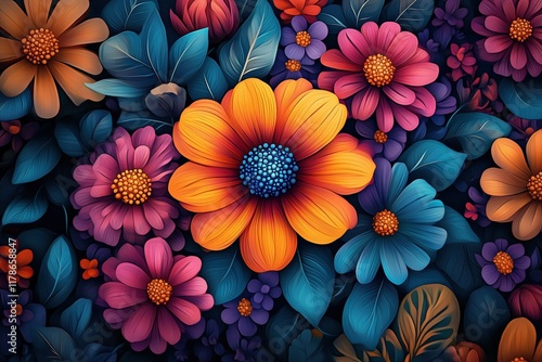 Vibrant floral mandalas depicting intricate patterns in bright colors photo