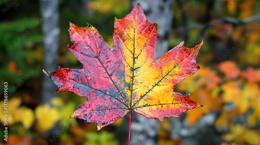 Obraz premium Vibrant autumn maple leaf with red and yellow colors, water droplets, close-up.