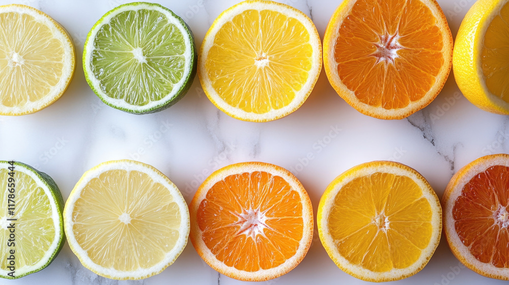 Fototapeta premium Vibrant citrus fruit display kitchen counter fresh produce bright colors close-up healthy eating
