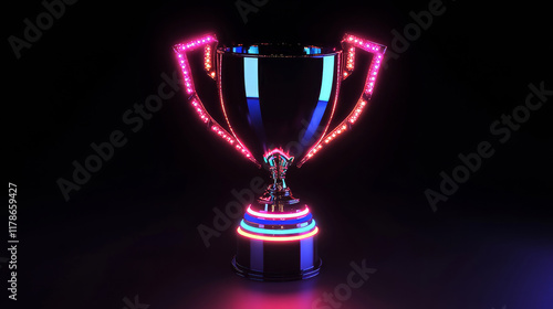 finance, A trophy with neon lights on it, simple background, front view, solid black color background, gaming style, esports scene, game elements, 3D rendering, high resolution, rich details, bright  photo