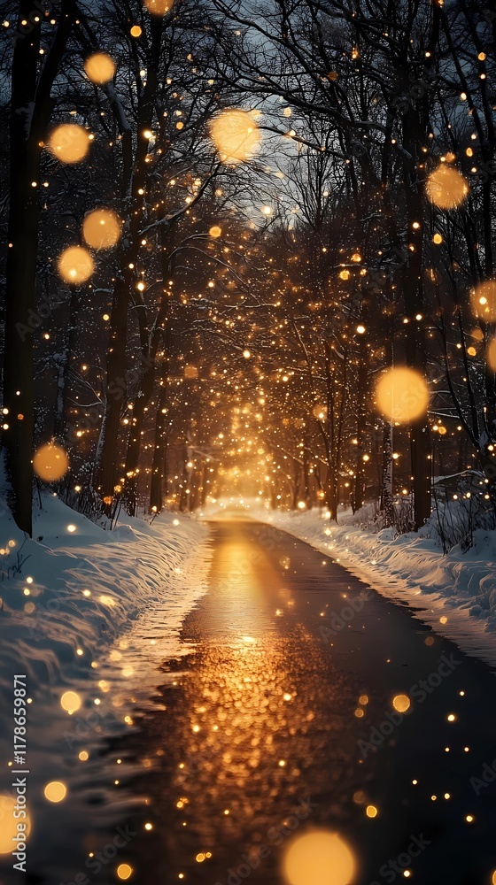 Dreamy blurred bokeh lights glowing gently on a snowy forest path creating an enchanting and tranquil winter landscape visual Dreamy blurred bokeh lights glowing gently on a snowy forest path creating an enchanting and tranquil winter landscape visual