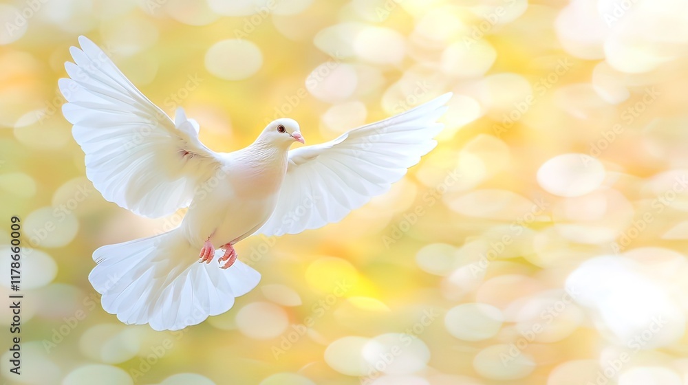 Obraz premium White dove in flight against a soft, golden bokeh background.