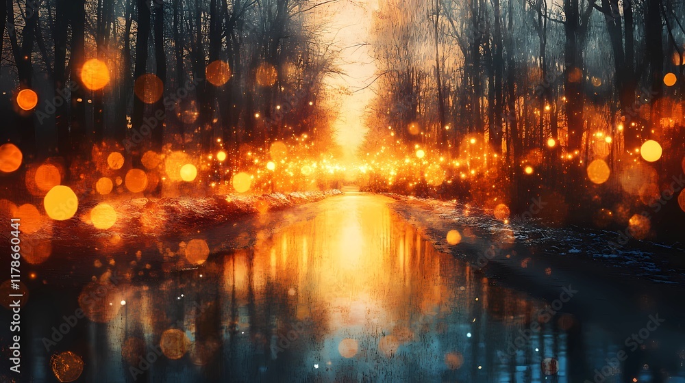 Dreamy blurred bokeh lights glowing gently on a snowy forest path creating an enchanting and tranquil winter landscape visual Dreamy blurred bokeh lights glowing gently on a snowy forest path creating an enchanting and tranquil winter landscape visual