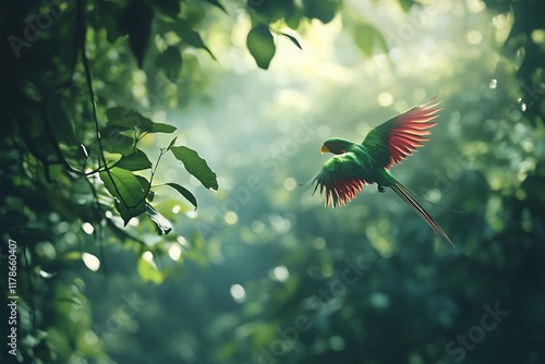 Flying Resplendent Quetzal Pharomachrus mocinno photo