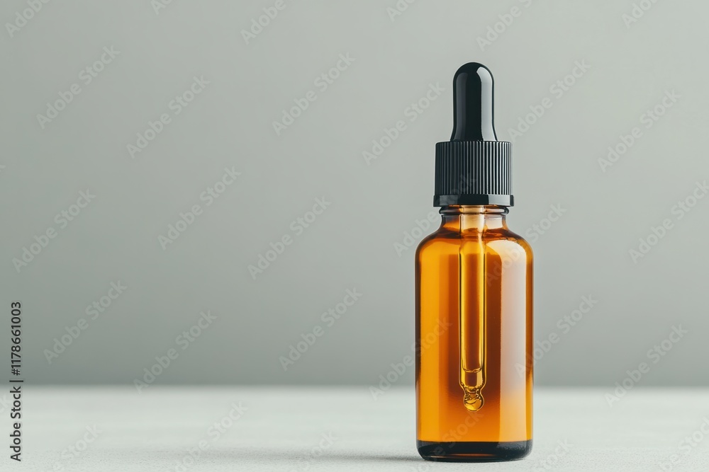 Fototapeta premium Brown glass dropper bottle sits on a light gray surface reflecting soft natural light