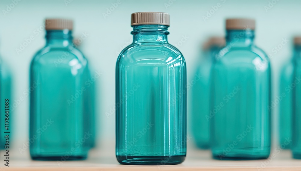 A line of teal glass bottles with wooden caps, beautifully arranged on a shelf, creating a modern and minimalist aesthetic. A line of teal glass bottles with wooden caps, beautifully arranged on a shelf, creating a modern and minimalist aesthetic.