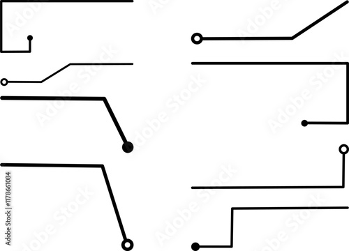 Modern circuit line connections, minimalistic vector set of abstract black circuit paths and nodes, futuristic electronic design elements for technology graphics, digital interface concepts

