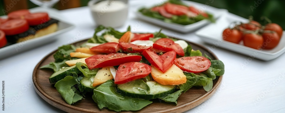 A vibrant salad featuring fresh greens, sliced tomatoes, and melons, served on a wooden plate with condiments in the background.