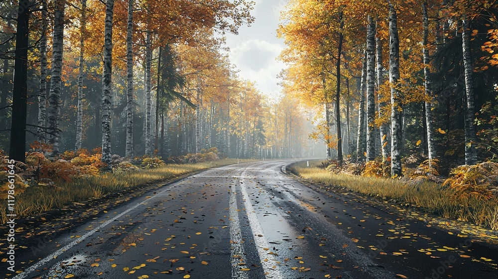 Fototapeta premium Empty Asphalt Road in Autumn Forest with Autumnal Background