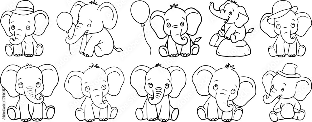 Cute baby elephant vector illustrations set with hats, balloons, and playful poses - black and white outline collection for kids' designs, coloring pages, nursery decor, and animal-themed artwork
Cute baby elephant vector illustrations set with hats, balloons, and playful poses - black and white outline collection for kids' designs, coloring pages, nursery decor, and animal-themed artwork