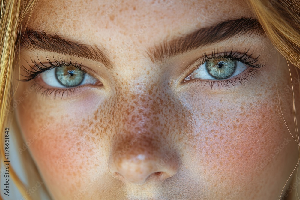 Fototapeta premium Close-up of a person with striking blue eyes and freckles enjoying a natural look in sunlight