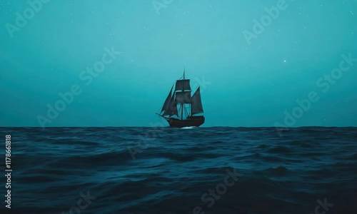 A solitary ship sails through dark waters under a starry sky, creating a mystical boat and tranquil atmosphere.