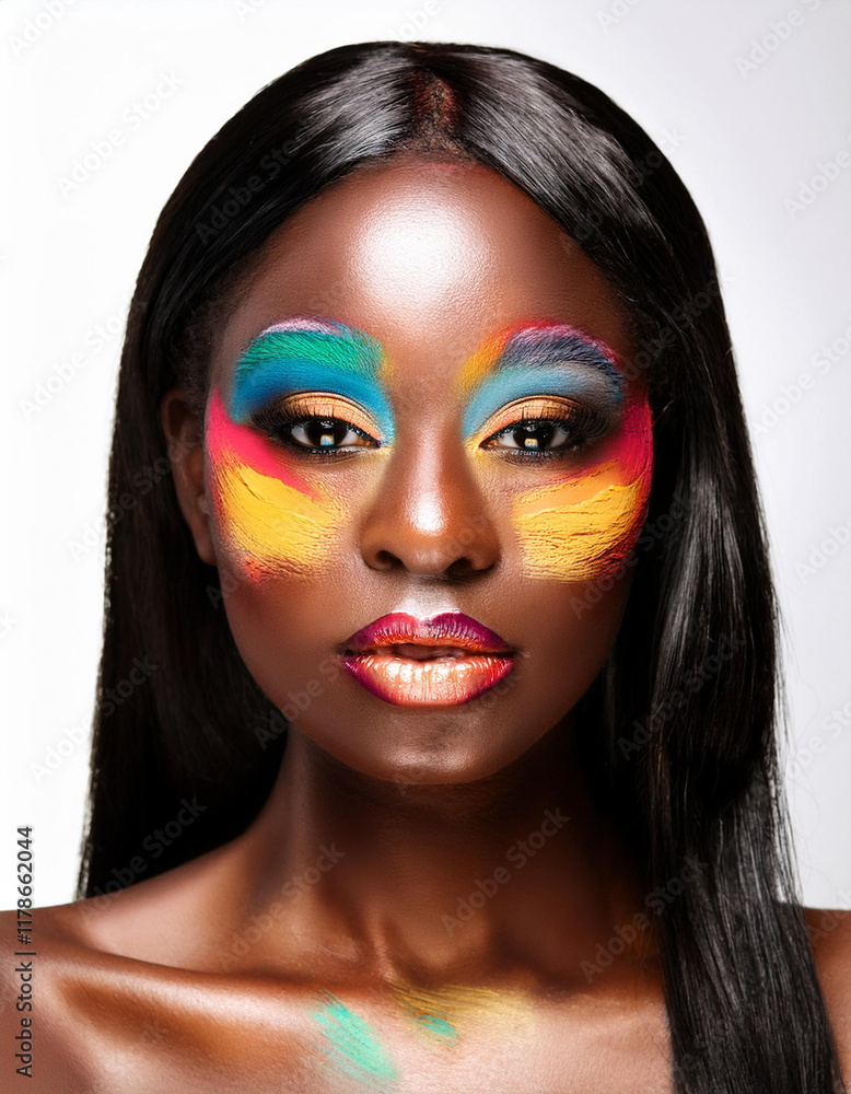 Generated image of a woman with bold, colorful face paint and vibrant eye makeup, featuring glossy lips. The portrait highlights artistic expression and creative beauty against a white background. Generated image of a woman with bold, colorful face paint and vibrant eye makeup, featuring glossy lips. The portrait highlights artistic expression and creative beauty against a white background.