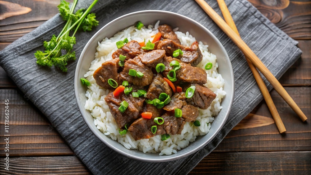 Top view of savory beef and rice in a white bowl, tender and flavorful for a cozy meal. Top view of savory beef and rice in a white bowl, tender and flavorful for a cozy meal.