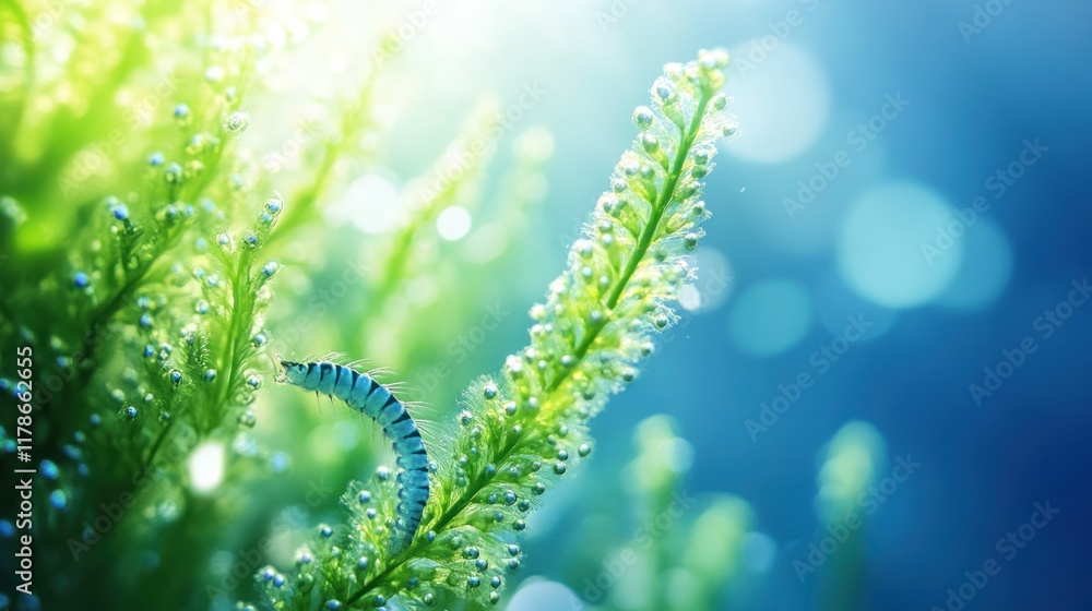 A close-up of green foliage with dew drops and a caterpillar, showcasing nature's beauty. A close-up of green foliage with dew drops and a caterpillar, showcasing nature's beauty.