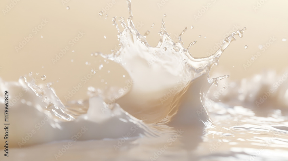 beautiful, A close-up of milk splashing in mid-air, creating an artistic and dynamic composition. The background is a soft beige color with subtle light reflections on the surface of the liquid. beautiful, A close-up of milk splashing in mid-air, creating an artistic and dynamic composition. The background is a soft beige color with subtle light reflections on the surface of the liquid.
