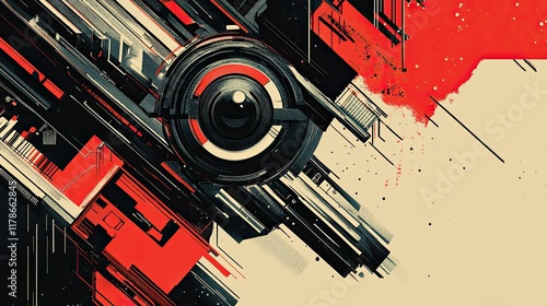 Futuristic sci-fi movie poster with bold lines, angular patterns, and vintage-inspired typography in a sharp retro style.