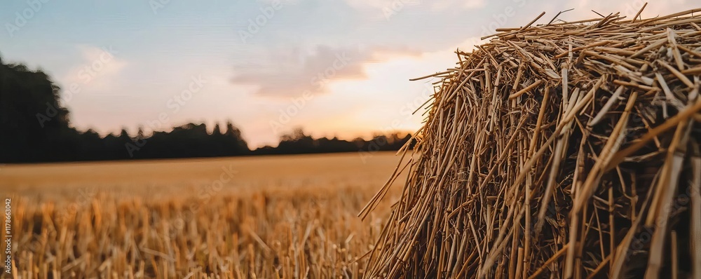 Fototapeta premium A golden field at sunset with a hay bale in the foreground, showcasing the beauty of rural life and nature's tranquility.