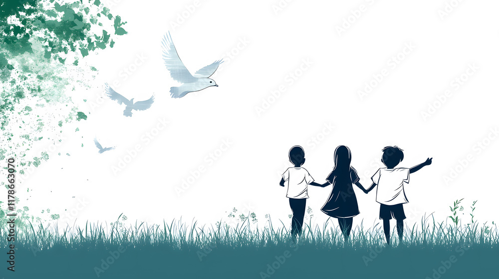 Three children holding hands in a serene landscape, with birds flying above and lush grass beneath, evoking a sense of freedom and togetherness Three children holding hands in a serene landscape, with birds flying above and lush grass beneath, evoking a sense of freedom and togetherness