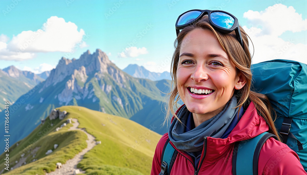 Naklejka premium Smiling hiker enjoying nature against mountain backdrop
