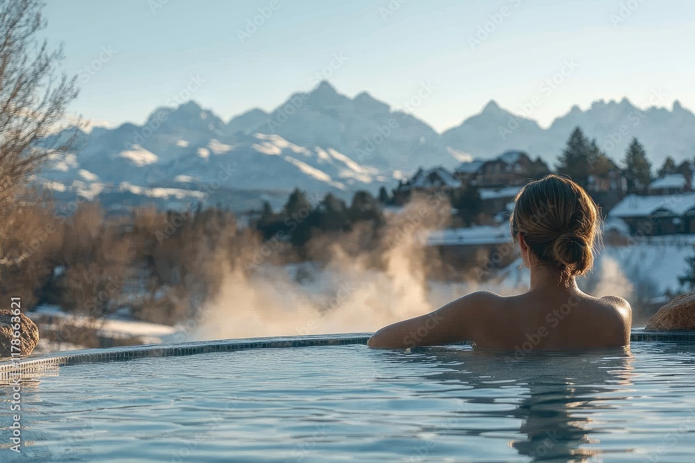 Woman relaxing in infinity pool enjoying snowy mountain view Woman relaxing in infinity pool enjoying snowy mountain view
