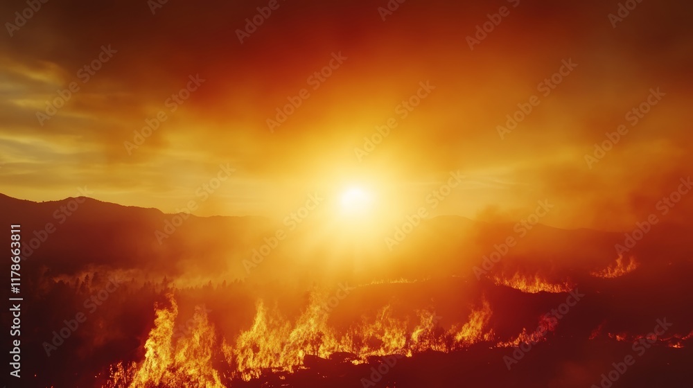 Devastating wildfire at dusk the effects of climate change and global warming on our planet Devastating wildfire at dusk the effects of climate change and global warming on our planet