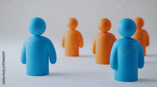 finance, 3D icons of blue and orange people, on a white background, with a minimalistic design. The material appears to be matte plastic, with rounded shapes and simple lines. photo