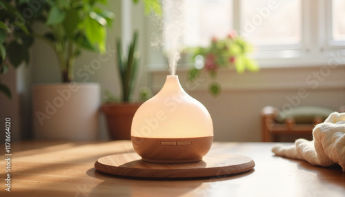 Wallpaper Mural Aromatherapy diffuser emitting mist on a wooden table Torontodigital.ca