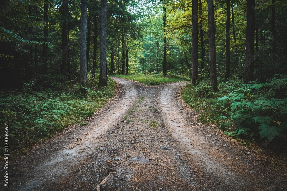 Obraz premium Crossroads splitting in two dirt paths in lush green forest