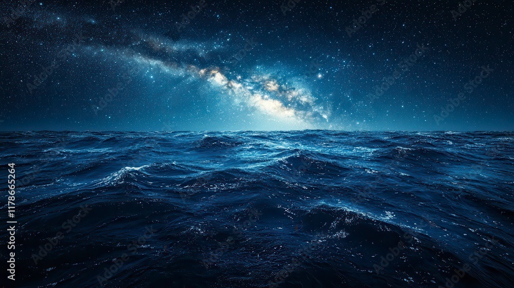 Milky Way galaxy over dark ocean waves at night. Milky Way galaxy over dark ocean waves at night.