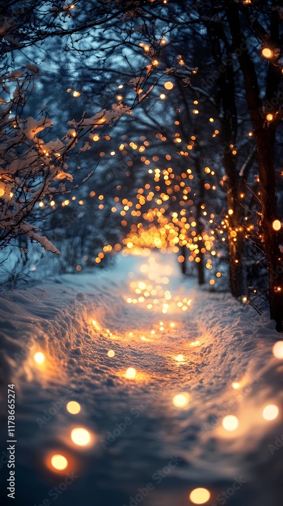 Naklejka premium Soft blurred golden lights shimmer faintly along a snow-laden forest road evoking a peaceful and dreamy winter wonderland atmosphere