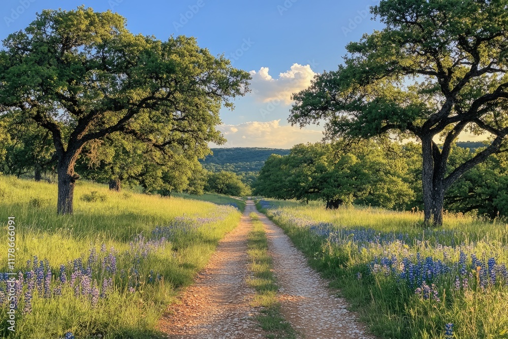 Hiking trail winding through lush green meadow on sunny summer day Hiking trail winding through lush green meadow on sunny summer day