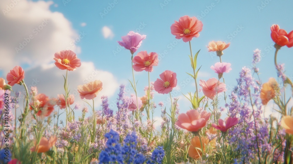 A vibrant field of colorful flowers under a blue sky with fluffy clouds. A vibrant field of colorful flowers under a blue sky with fluffy clouds.