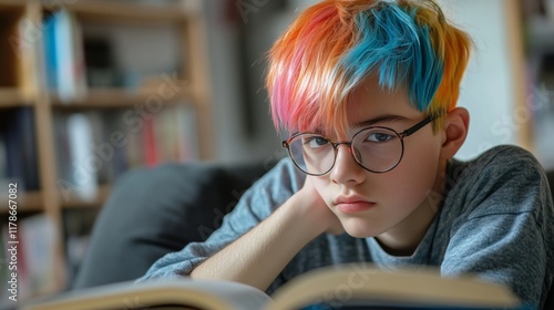 Bored teenage boy with vibrant, colorful hair glancing disinterestedly at an open book