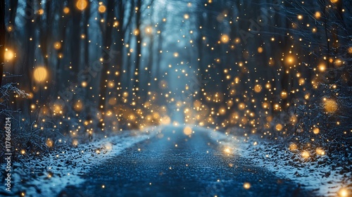 Wallpaper Mural Blurred glowing bokeh lights softly illuminate a quiet winter forest road surrounded by snow-covered trees creating a serene and magical ambiance Torontodigital.ca