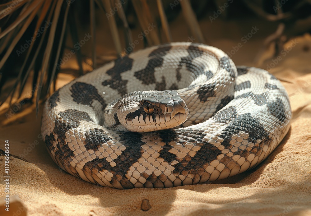 A Close-Up View of a Nonvenomous Snake Coiled on Soft Sand Beneath Tropical Leaves, Highlighting Its Intricate Scale Patterns and Serene Expression in Natural Habitat A Close-Up View of a Nonvenomous Snake Coiled on Soft Sand Beneath Tropical Leaves, Highlighting Its Intricate Scale Patterns and Serene Expression in Natural Habitat