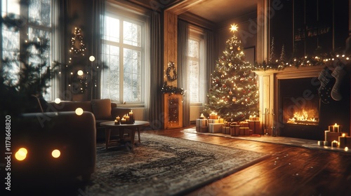 Wallpaper Mural Holiday-themed living room with a Christmas tree in soft focus, surrounded by glowing lights and festive decorations, ideal for photo backdrops Torontodigital.ca